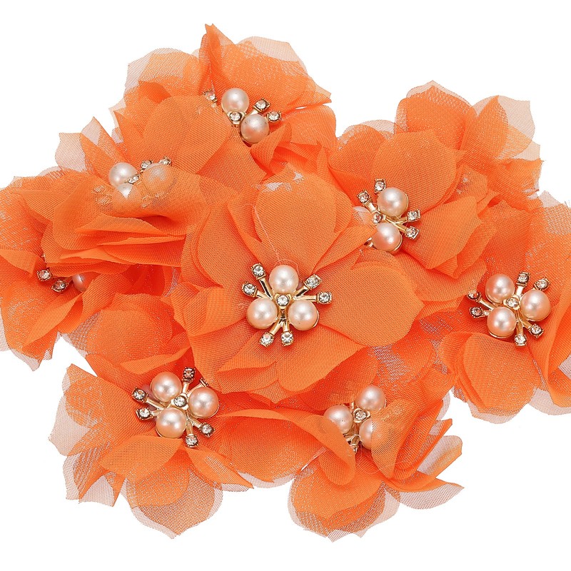 2.36 Inch Rhinestone Chiffon Flower, 10 Pcs Fabric Appliques, Orange