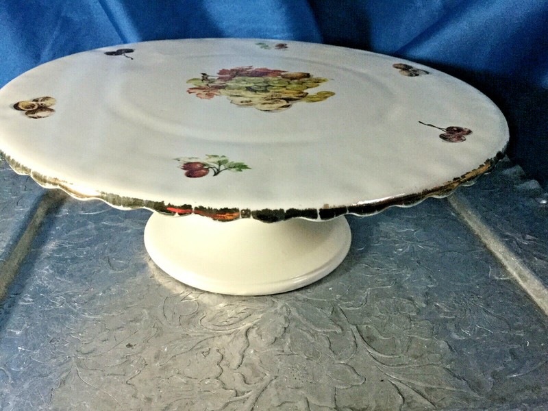 Cake Plate on Pedestal Ceramic Fall leaves grapes nuts 9.5''