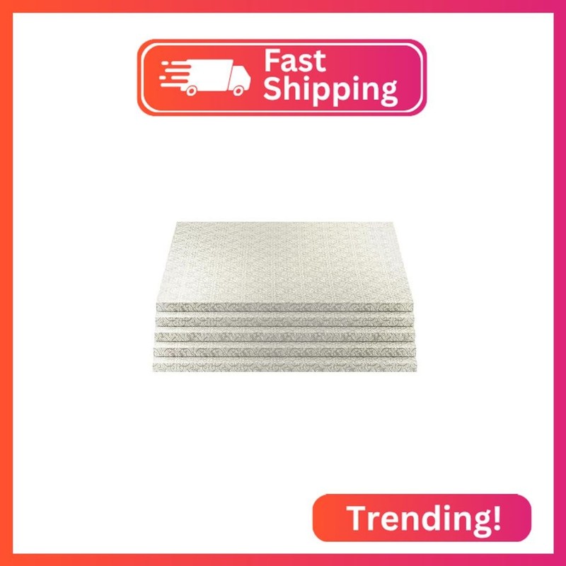 O’CREME Silver Square Cake Pastry Drum Board 1/2 Inch Thick, 8″ x 8″ – Pack of 5