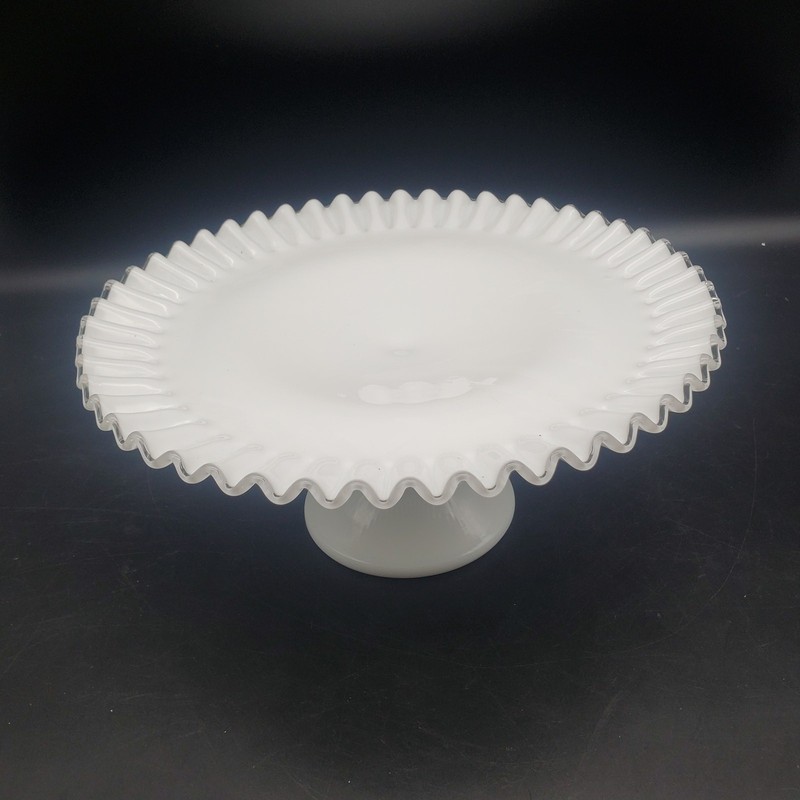 Vintage Fenton Silver Crest Milk Glass Pedestal Cake Stand 12.5″ Ruffled Edge