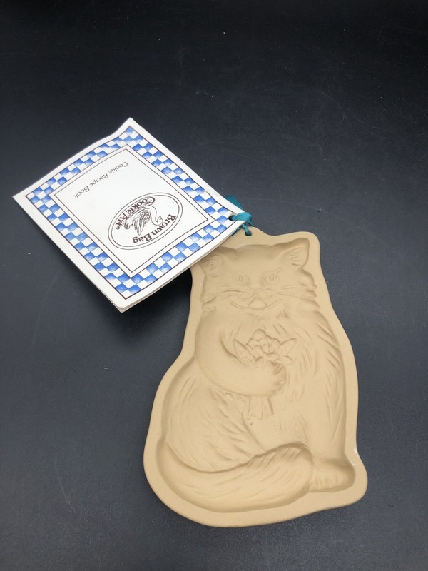 Vintage Cat Flower Brown Bag Cookie Art Bake Stoneware Mold NWT Made in USA 1984