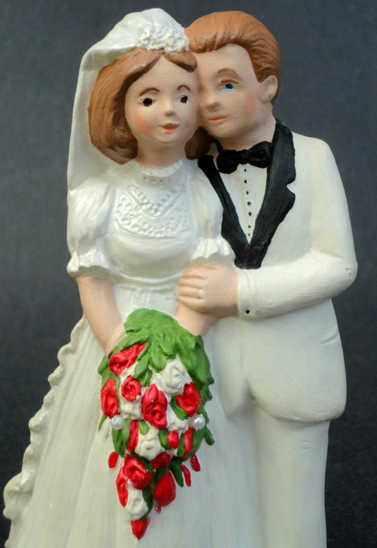 Ceramic Cake Topper Wedding Couple 5.5in Bride Groom White Tux Dress Red Roses