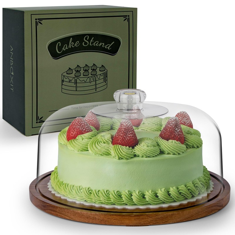 Cake Stand with Dome Lid, Acacia Wood Cake Plate with Cover, Wooden Cake Display