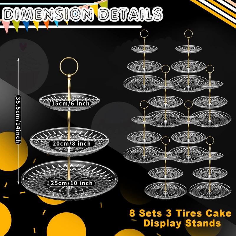 8-Pack 3-Tier Acrylic Cake Stand Set - Clear & Gold Serving Tray for Weddings, B gallery