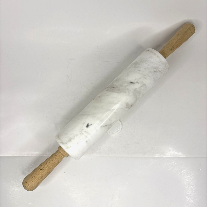 Polished Marble Rolling Pin White Gray 18" Long 10" Barrel Vintage Wood Handles gallery