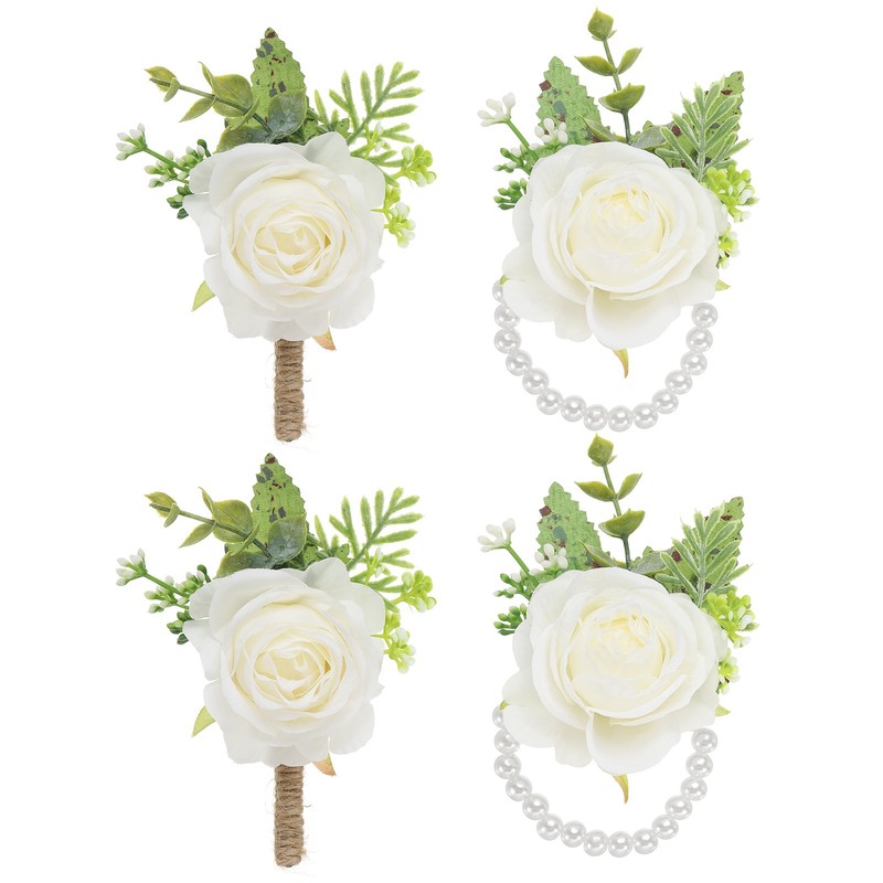 4Pack Rose Wrist Corsage and Boutonnieres Set Wedding Flower Wristlet White