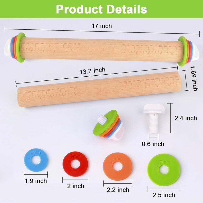 Wood Rolling Pin with Thickness Rings, Adjustable Wooden Rolling Pins for Baking gallery