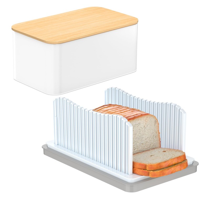 Bread Slicer for Homemade with Box, Foldable Bread Cutter with Crumb Tray, Ad…