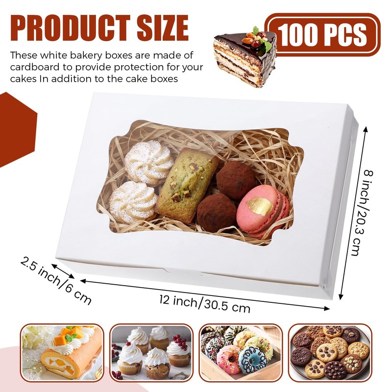 100 Pcs Bakery Boxes 12 x 8 x 2.5 Inch Rectangle Cookies Boxes with Windows f... gallery