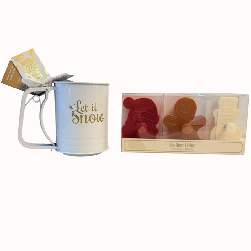 Southern Living Christmas Baking Set Cookie Stamps Flour Sifter Let It Snow
