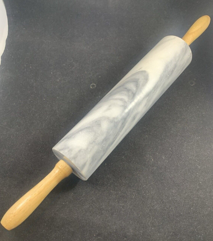 SOLID MARBLE Baking Rolling Pin w/WOODEN HANDLES + Wood Stand: 18" Long & 4½lbs. gallery