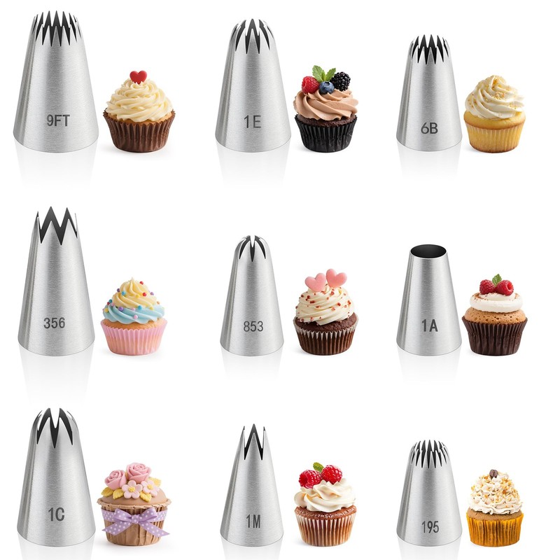 9~Piece Stainless Steel Cake Piping Tips Set for Cupcakes & Decorating