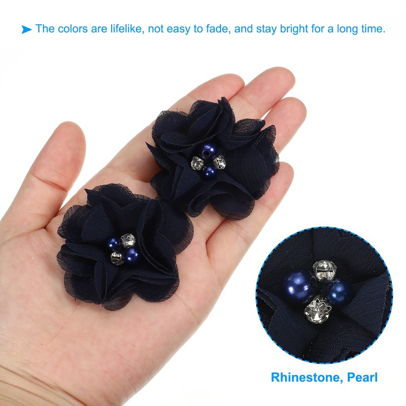 10Pcs 2" Chiffon Flowers with Rhinestone Pearl Appliques Decorate Dark Blue gallery