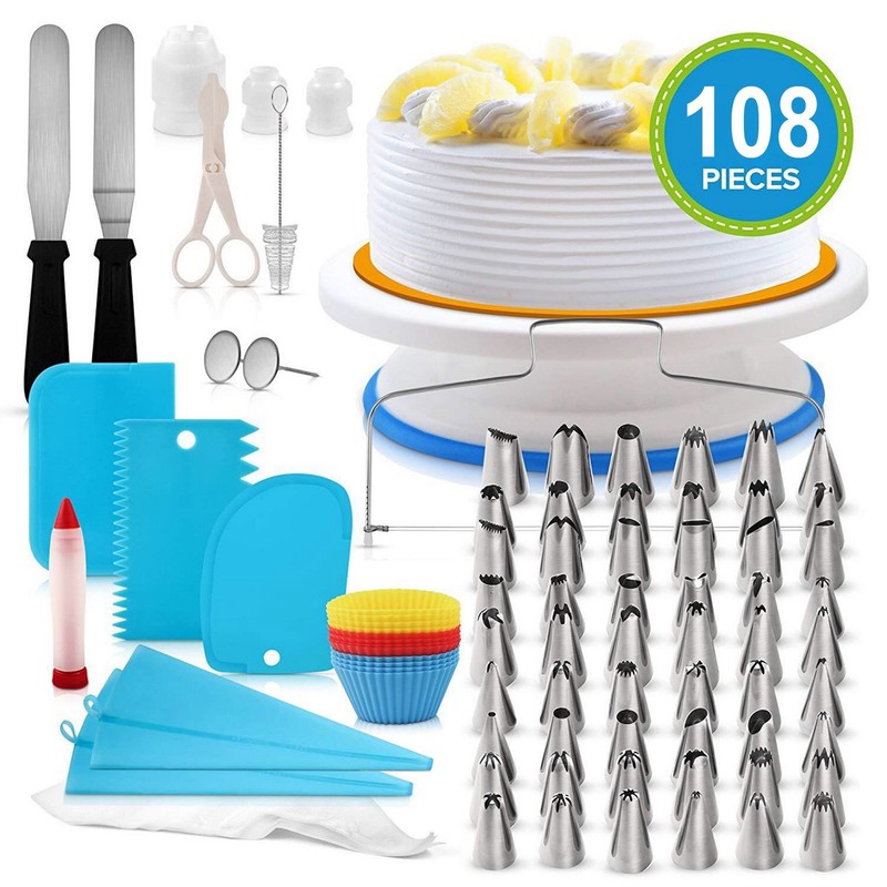 108Pcs Cake Decorating Supplies Kit w/ 11″ Rotating Cake Turntable Baking Tools