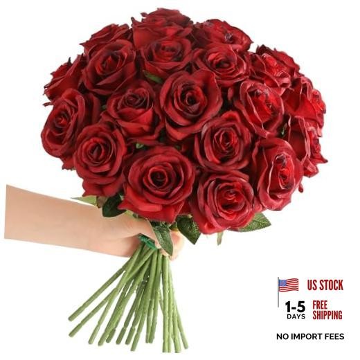 Red Roses Artificial Flowers - 12 pcs Realistic Long Stem Fake Roses Burgundy