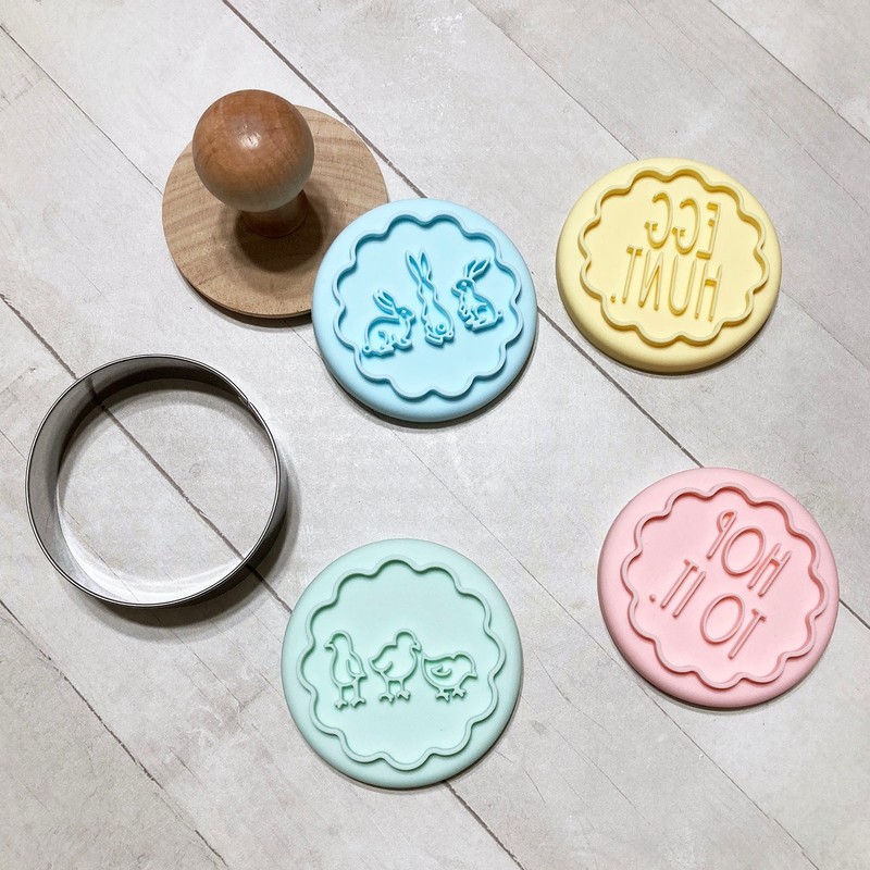 Rae Dunn Easter Cookie Stamp Cutter Set Silicone Wood Handle Spring Bunny gallery