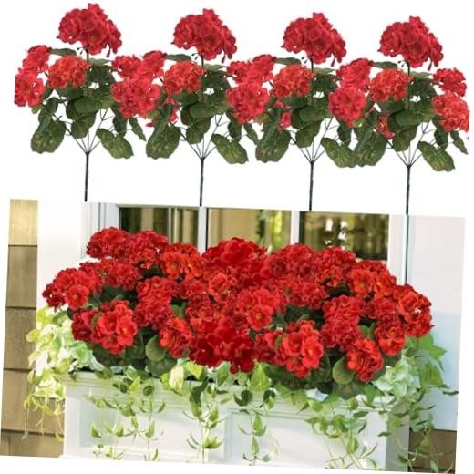 4Pcs Geraniums Artificial Flowers Realistic for Outdoors 14″ Faux Silk Red