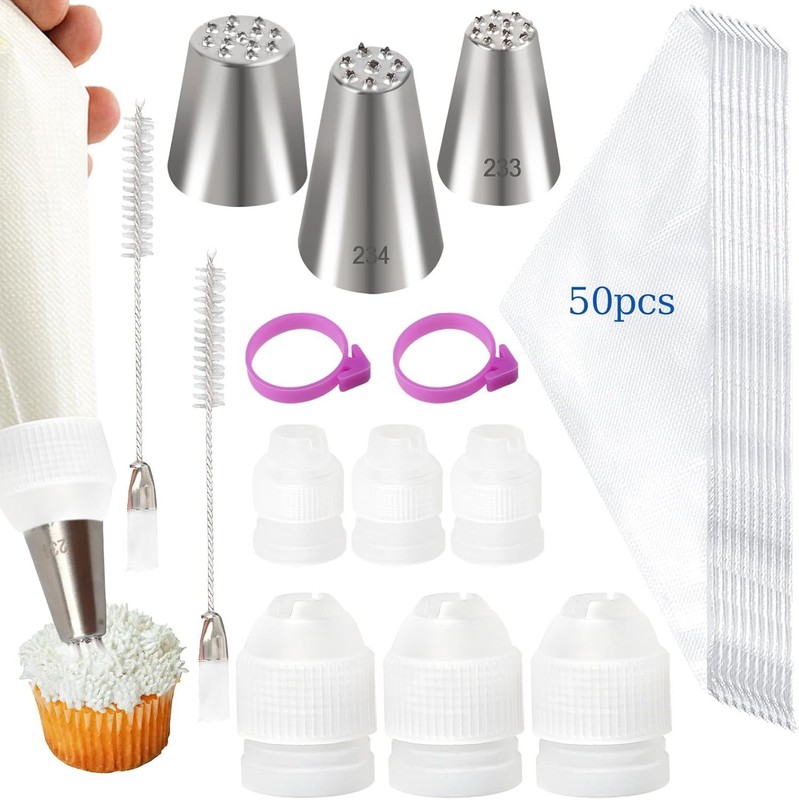 63pcs Grass Piping Tip & Bags Set 2 Pastry Bag Ties 2 Tips Cleaning Brush