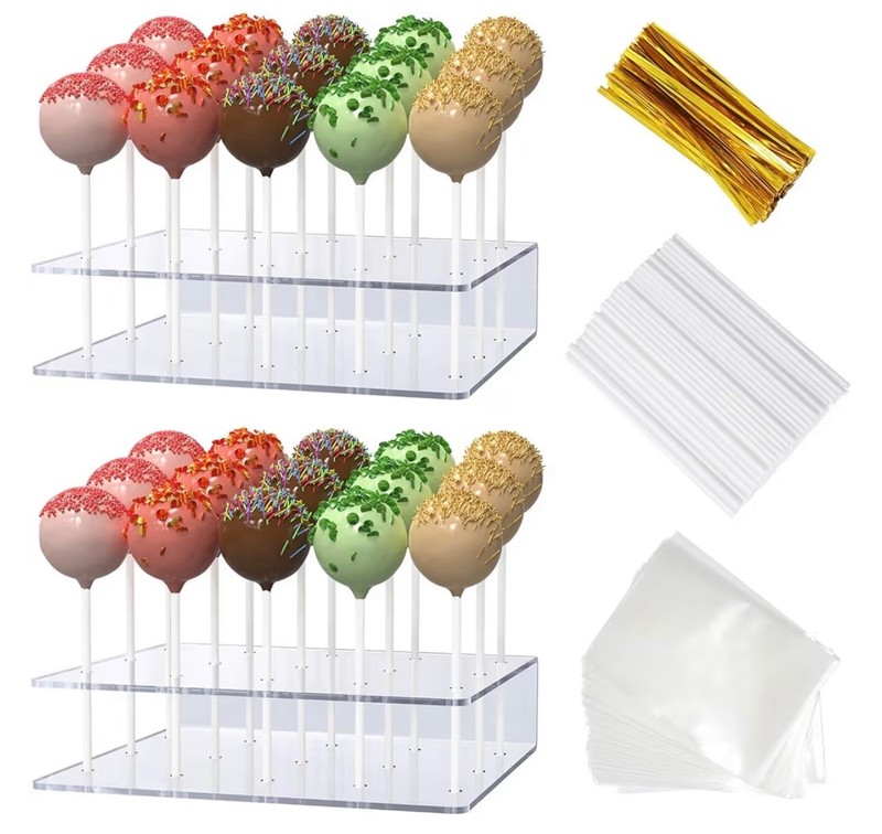 2 Pack Cake Pop Stand Kit Acrylic Display Holder 15 Holes with 100 Sticks & Wrap