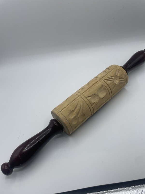 Wood Embossing Rolling Pin Floral Nature Pattern With Handle Beige Brown vintage