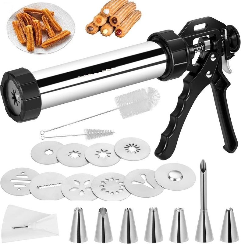Stainless Steel Churro Maker Gun Kit, 3-in-1 Cookie Press with Nozzles Discs