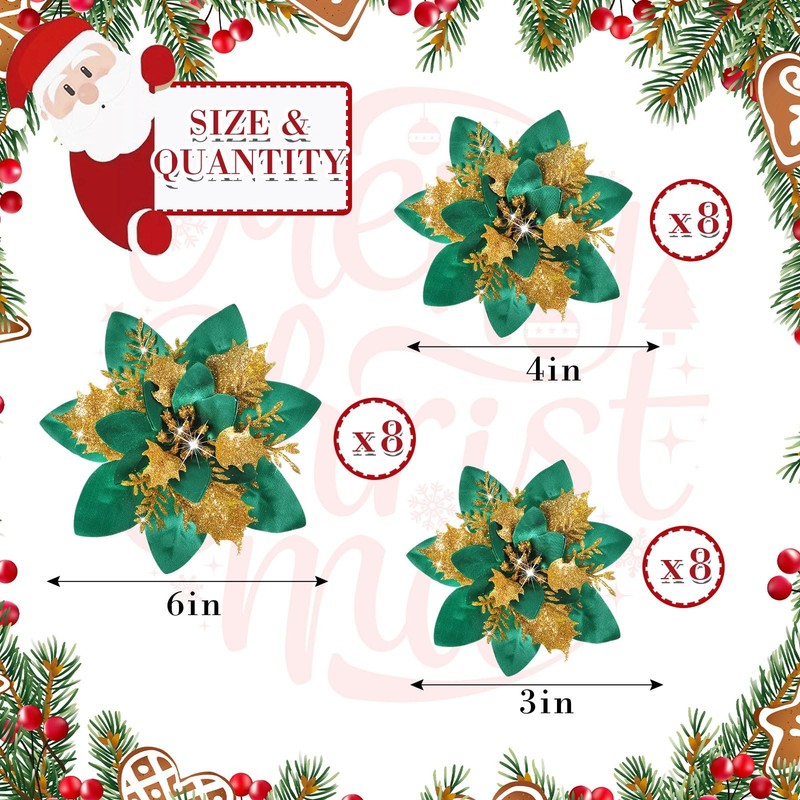 Geosar 24 Christmas Glitter Artificial Poinsettia Flowers Xmas Poinsettia gallery