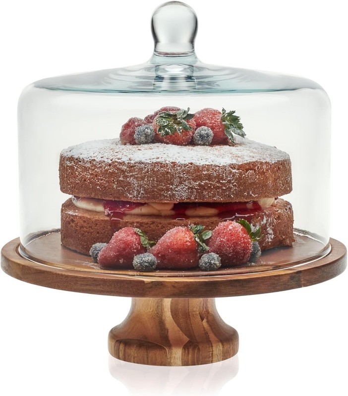 Acacia Wood Cake Stand with Lid Glass Dessert Dome Serving Platter gallery