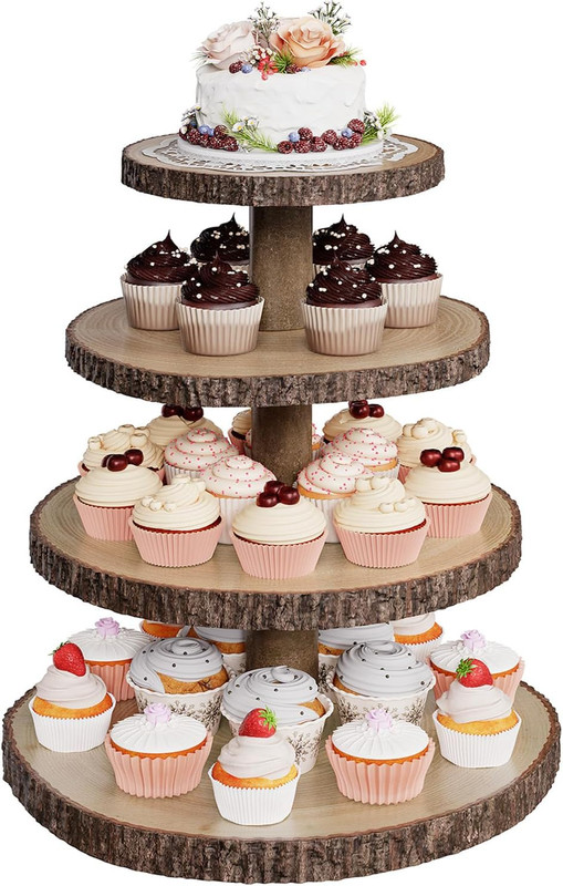 4 Tier Wooden Cupcake Stand, Rustic Cake Display Tower for Wedding, Baby Shower,