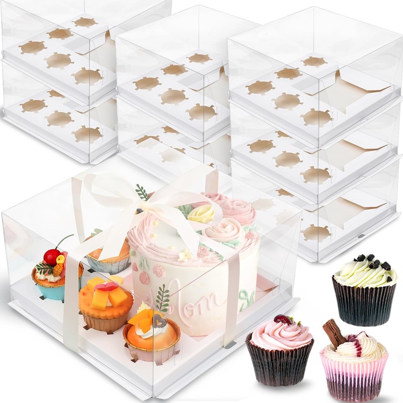 6 Pack 1+5 Bento Cake Boxes with Cupcakes Clear Bento Cakes and Cupcake Combo…