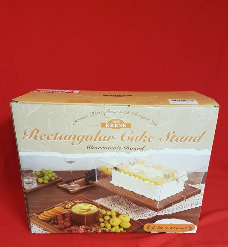 KRBNK 17″ Rectangular Cake Stand. Acacia Wood Board & Base and Acrylic Lid. NEW.