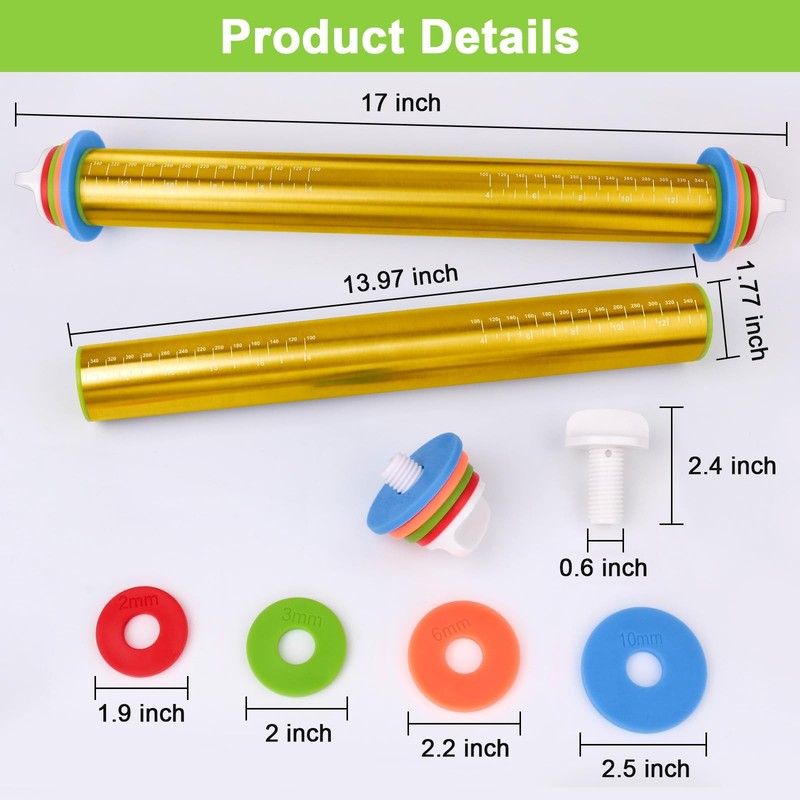 Adjustable Rolling Pins for Baking, Stainless Steel Standard, Gold gallery