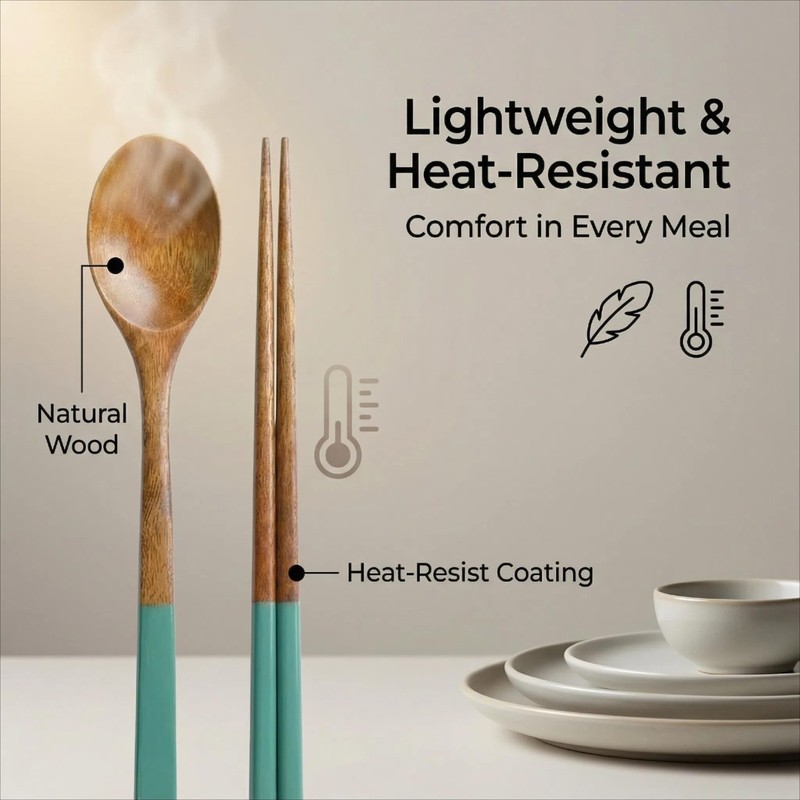 Handmade Wooden Cutlery Set by - 4PCS Reusable Spoon and Chopsticks, High-Gra... gallery