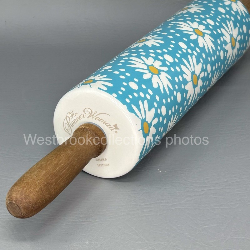 The Pioneer Woman FLEA MARKET Ceramic Rolling Pin Daisy Acacia Wood Handle gallery