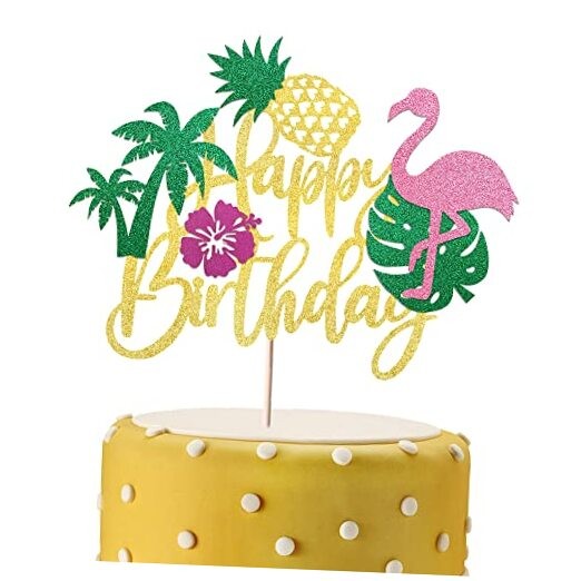 1 Pack Happy Birthday Cake Topper Tropical Hawaiian Luau Cake Pick Glitter 5