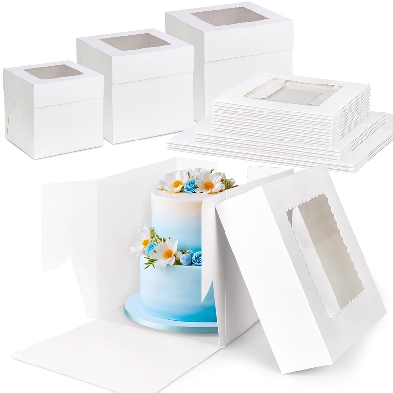 15 PCS White Tall Cake Boxes with Window 3 Sizes 12x12x12 10x10x10 8x8x8 Inch…