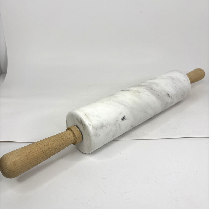 Polished Marble Rolling Pin White Gray 18" Long 10" Barrel Vintage Wood Handles gallery