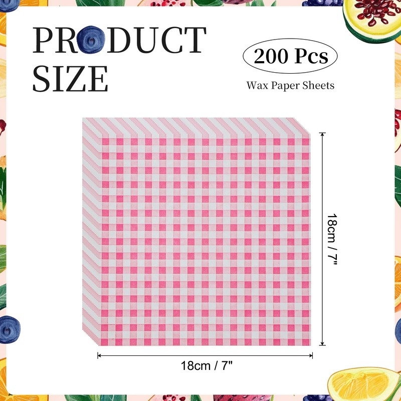 200 Pcs Wax Paper Sheets, 7 x 7" Checkered Square Wrapping Paper, Pink gallery