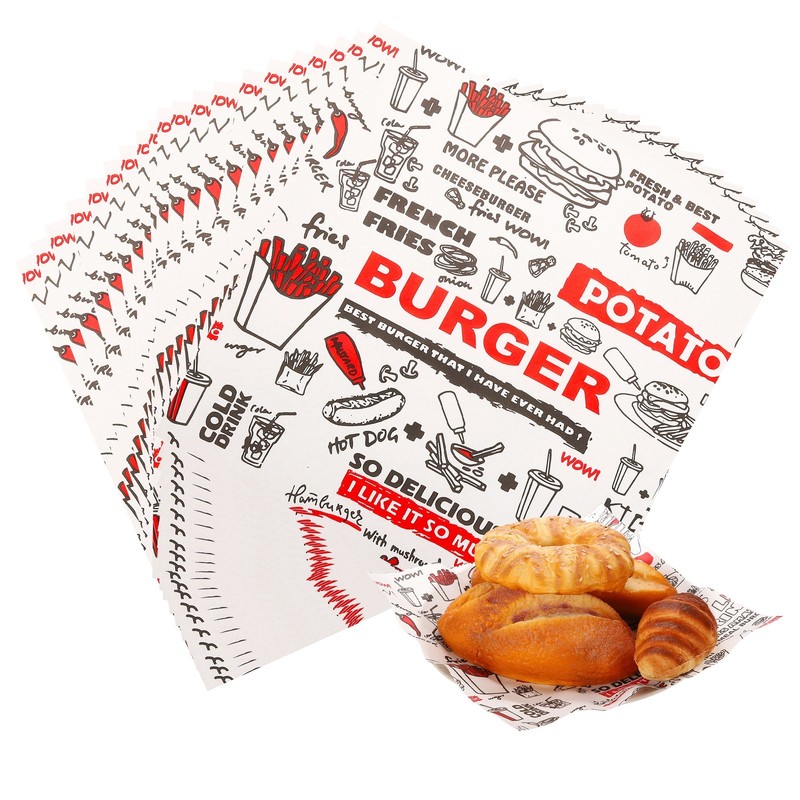 50Pcs Sandwich Wrapping Paper, 11.5×11.5″ Food Basket Liners, Red (Hamburger)