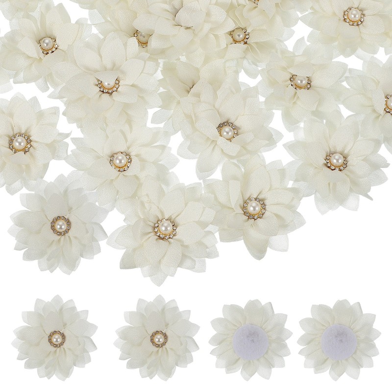 30Pcs 2″ Fabric Flowers Rhinestone Pearls Sewing Fabric Flowers White