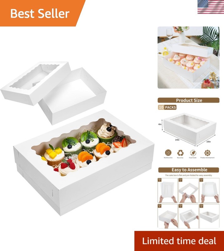 Reusable 14x10x4in White Bakery Boxes with Window – 10 Pack for All Occasion
