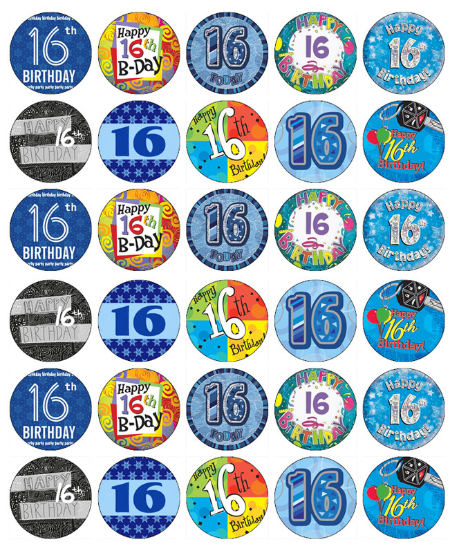 30x 16th Birthday Boy Blue Cupcake Toppers Edible Wafer Paper Fairy Cake Toppers