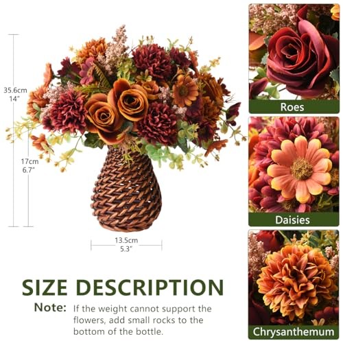 Artificial Faux Flowers in Vase, Fake Silk Floral Arrangements Rose Brown gallery