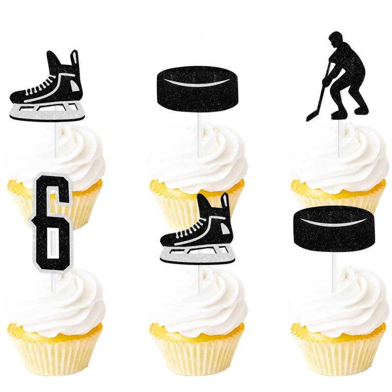 18pcs Black Glitter Ice Hockey Athletes Dessert Cupcake Topper 6 Years
