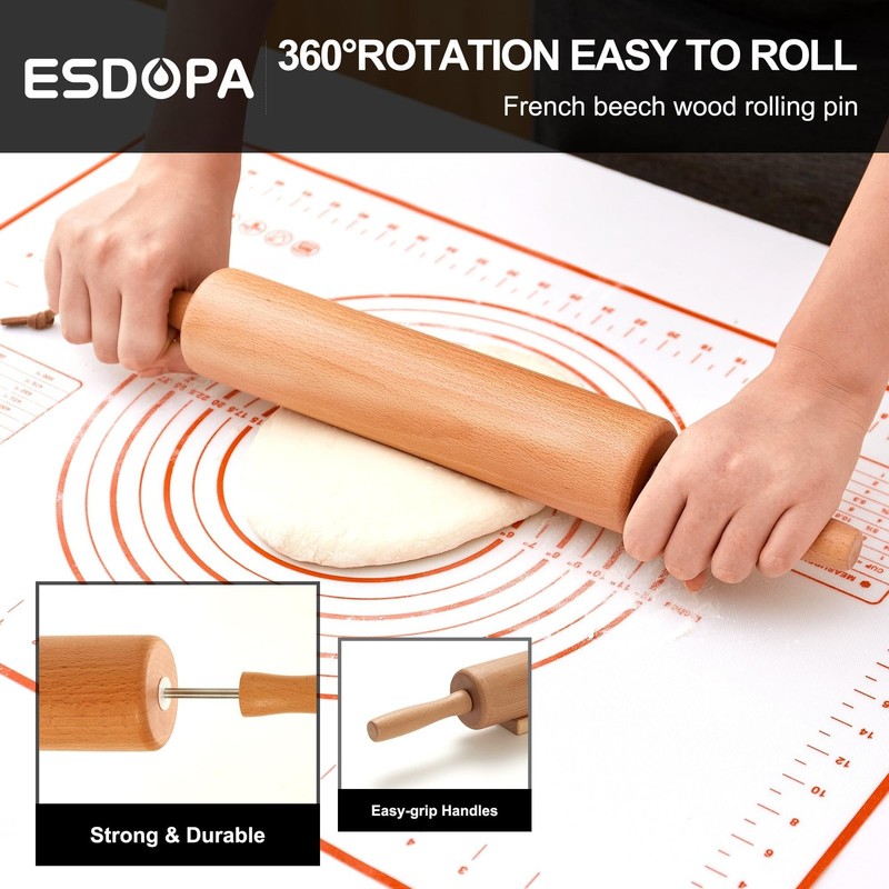 17 Inch Classic Wooden Rolling Pin Baking Silicone Mat Set Dough Roller gallery