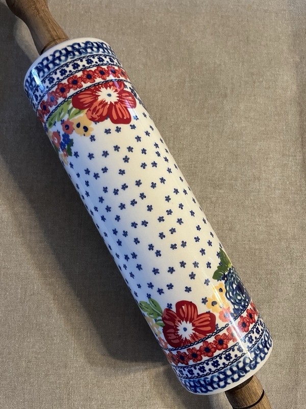 Pioneer Woman Ceramic Rolling Pin Dazzling Dahlias Retired Acacia Wood Handles gallery