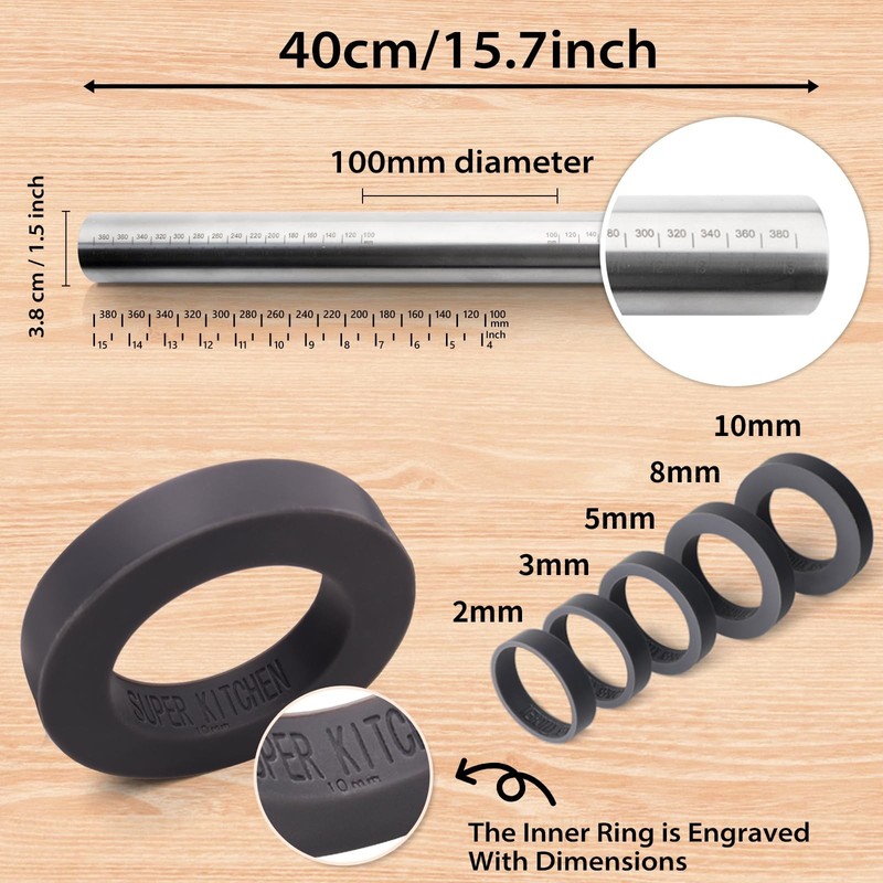 Adjustable Rolling Pin With Thickness Rings For Baking non Stick Stainless Steel gallery