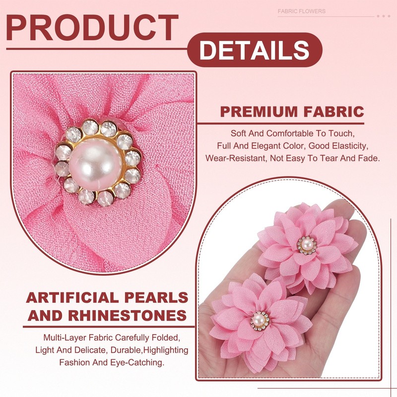 30Pcs 2" Fabric Flowers Rhinestone Pearls Sewing Fabric Flowers Dark Pink gallery