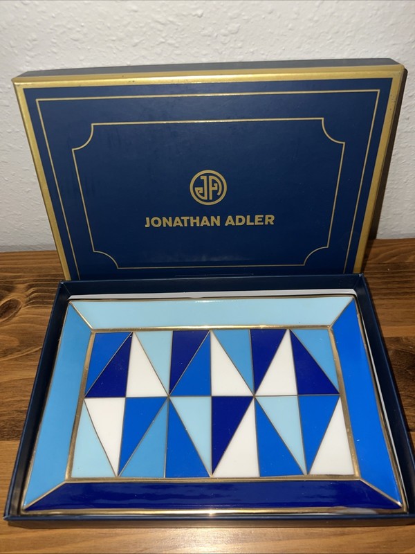 Jonathan Adler Sorrento Rectangle Trinket Tray, Blue Blue,Gold 7x5” READ