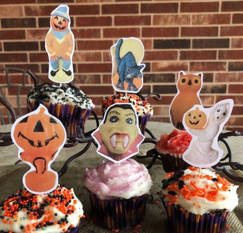 12 Handmade Halloween Cupcake Toppers,Appetizer Pick Ghost Pumpkin,Scarecrow,Owl