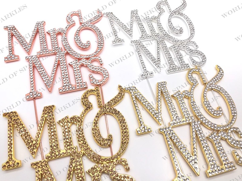 Mr and Mrs Diamante Rhinestone Wedding Cake Toppers Civil Marriage 4 Colours D2 gallery